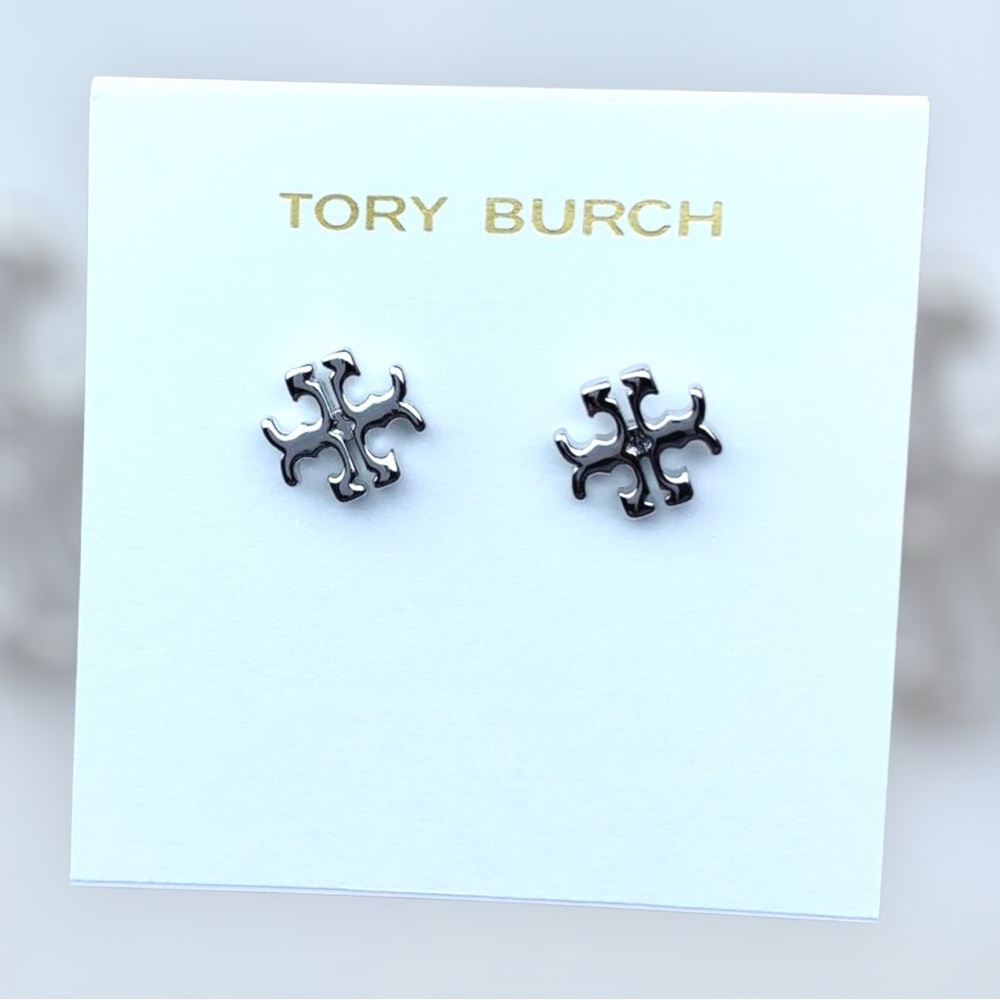 Rare Tory Burch Silver Logo Stud Earrings - Picture 4 of 4